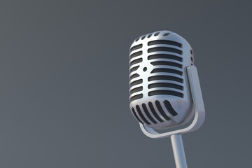 Retro style metallic microphone on gray background. Radio broadcast. Online streaming. Declaration of information. Musical concert. Song recording. Karaoke bar. Copy space. 3d render
