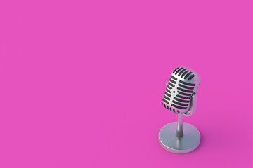 Fototapeta na wymiar Retro metallic microphone on pink background. Radio broadcast. Online streaming. Declaration of information. Musical concert. Song recording. Karaoke bar. Copy space. 3d render