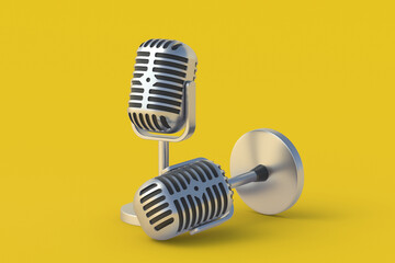 Fototapeta na wymiar Vintage metallic microphones on yellow background. Online interview. 3d render