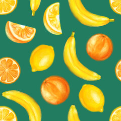 Juicy fruits seamless pattern. Bright summer design in a watercolor style.