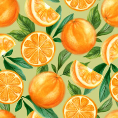 Juicy oranges seamless pattern. Bright summer design in a watercolor style.