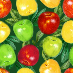 Juicy apples seamless pattern. Bright summer design in a watercolor style.