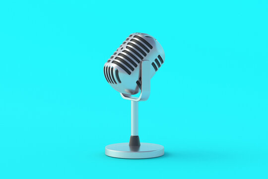 Retro style microphone on blue background. Radio broadcast. Online interview. Audio recording equipment. New song. Song recording. Karaoke bar. 3d render