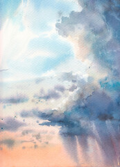 Beautiful clouds sky. Watercolor artwork. Hand painted violet and purple colors painting.