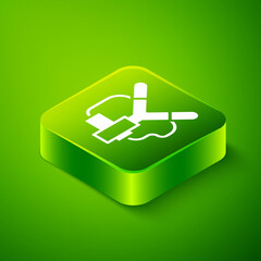 Isometric Slingshot icon isolated on green background. Green square button. Vector