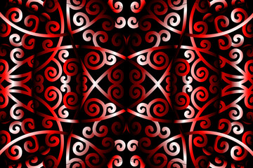 seamless luxurious red and white gradien caleidoscope flower and leaf line art pattern of indonesian culture traditional tenun batik ethnic dayak ornament for wallpaper ads background 