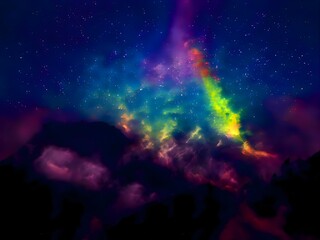 Fototapeta na wymiar Milky Way and colorful light at mountains. Night colorful landscape. Starry sky with hills. Beautiful Universe. Space background with galaxy. Travel background