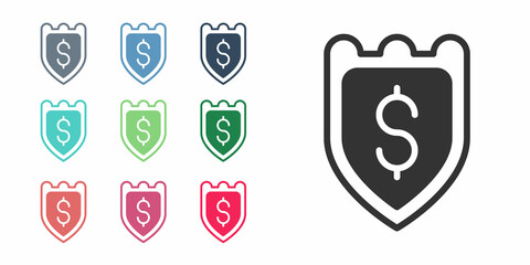 Black Shield with dollar symbol icon isolated on white background. Security shield protection. Money security concept. Set icons colorful. Vector