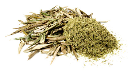 Dried Olive Leaves with Powder isolated on white Background