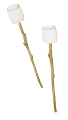 Watercolor illustration of marshmallow on a wooden stick on a white background. Food for hiking, sweets for camping, traditional food, dessert.