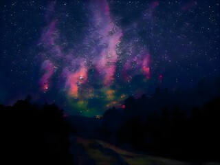 Milky Way and colorful light at mountains. Night colorful landscape. Starry sky with hills. Beautiful Universe. Space background with galaxy. Travel background