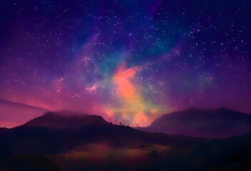 Milky Way and colorful light at mountains. Night colorful landscape. Starry sky with hills....