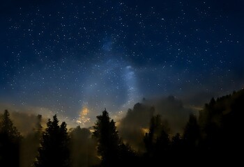 Fototapeta premium Milky Way and colorful light at mountains. Night colorful landscape. Starry sky with hills. Beautiful Universe. Space background with galaxy. Travel background