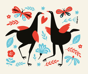 Two dancing funny birds and flowers. Vector illustration, wedding card idea, invitation party etc