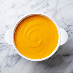 Pumpkin, butternut squash soup in white bowl. Marble background. Close up. Top view.
