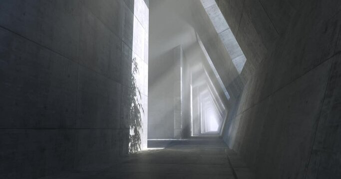Empty, concrete corridor with volumetric lighting from side wall openings and with shadows from trees - industrial interior background template, looping 3D animation.