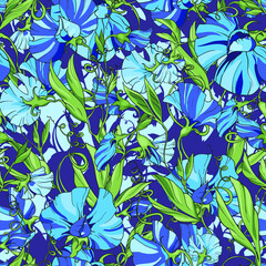 Blue flowers  sweet pea  on a blue purple background,  floral seamless pattern. Pattern for fabric, wrapping paper, web pages, invitations, greeting cards