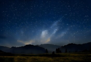 Milky Way and colorful light at mountains. Night colorful landscape. Starry sky with hills. Beautiful Universe. Space background with galaxy. Travel background