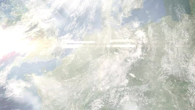 Earth zoom in from outer space to city. Zooming on Iserlohn, Germany. The animation continues by zoom out through clouds and atmosphere into space. Images from NASA