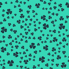 Black Clover icon isolated seamless pattern on green background. Happy Saint Patrick day. Vector