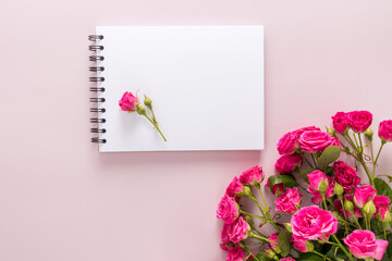 the top view of the white leaves of the boknot with a rosebud and a beautiful bouquet of flowers. pink background. a copy of the space.