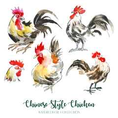 Watercolor painting of chicken collection in oriental Chinese style (Separately Arranged).