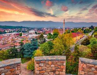 Sunrise in Skopje town. Wonderful outdoor scene of North Macedonia, Europe. Traveling concept...
