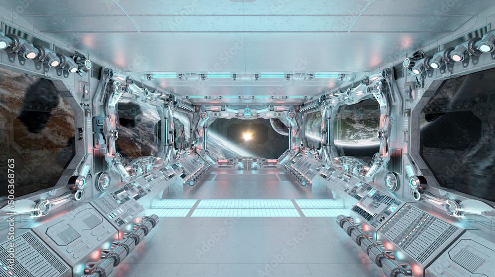 Aufkleber White spaceship interior with glowing blue and red lights. Futuristic spacecraft with large window view on planets in space. 3D rendering