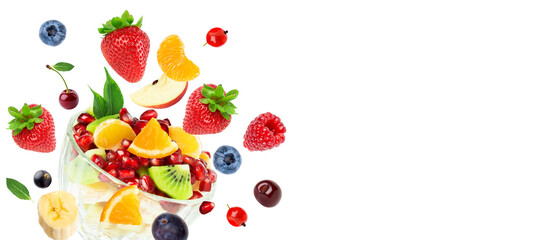 Mixed fruits on white background. Fruit salad. Falling fruits.
