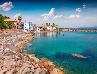 Koroni town at the April. Stunning morning seascape of Ionia sea, Messenia, Peloponnese, Greece,...
