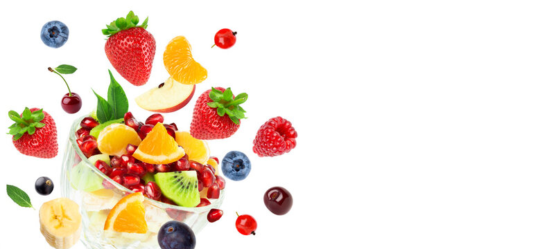 Mixed fruits on white background. Fruit salad. Falling fruits. Photos |  Adobe Stock