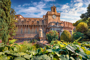 Stunning morning view of Rocca Priora Castle. Fresh green scene of outskirs of Fiumesino town,...