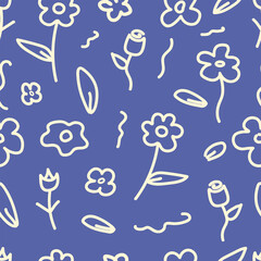 Quirky floral hand-drawn doodle flower shapes seamless pattern design. Fabric and card print.