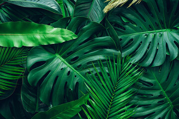 Obraz na płótnie Canvas closeup nature view of palms and monstera and fern leaf background. Flat lay, dark nature concept, tropical leaf.
