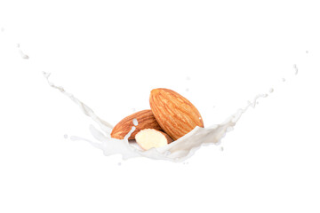 Almond milk splash with almond nut falling isolated on white background.