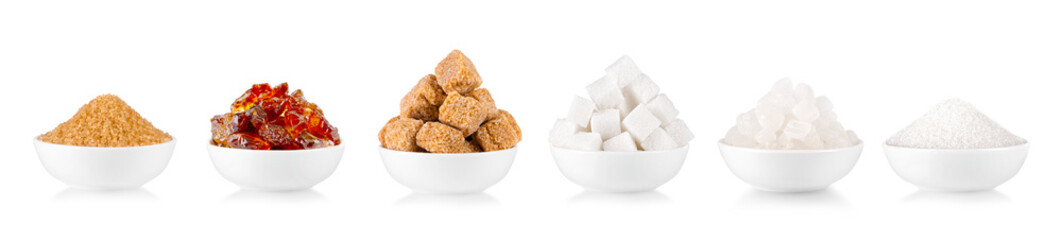 Set of of white and brown sugar isolated on white background