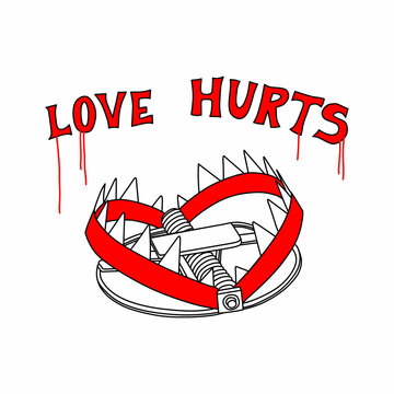 image of a trap in the form of a heart with an inscription LOVE HURTS.vector illustration.stylized image in linear style on a white background.modern typography design perfect for poster,banner,etc