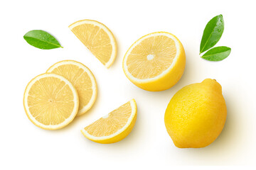 Fresh organic yellow lemon fruit with slice and green leaves isolated on white background . Top...