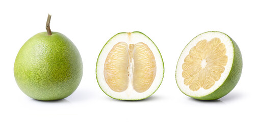 Set of whole and half pomelo fruit (pummelo) isolated on white background.