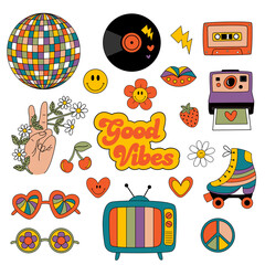 set of isolated retro 70s 90s groovy elements, cute hippy stickers.  - obrazy, fototapety, plakaty