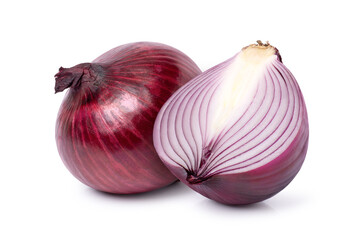Fresh red onion and cut in half sliced isolated on white background. - obrazy, fototapety, plakaty
