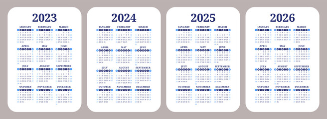 2023, 2024, 2025 and 2026 calendar set. Color vector pocket calender design. Week starts on Sunday. January, February, March, April, May, June, July, August, September, October, November, December