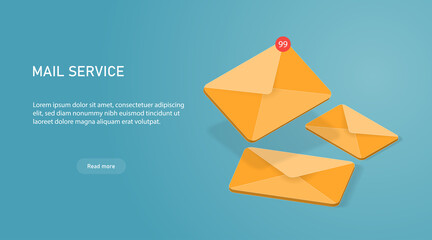 Yellow 3d vector mail icon. Isometric email sending illustration. Mailing spam letters service concept.
