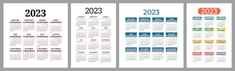Calendar 2023 year set. Vector template collection. Ready design. Week starts on Sunday. January, February, March, April, May, June, July, August, September, October, November, December