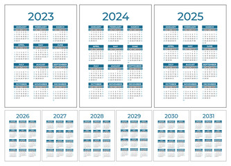 Calendar 2023, 2024, 2025 to 2031. Color vector pocket calender design. Week starts on Sunday. January, February, March, April, May, June, July, August, September, October, November, December