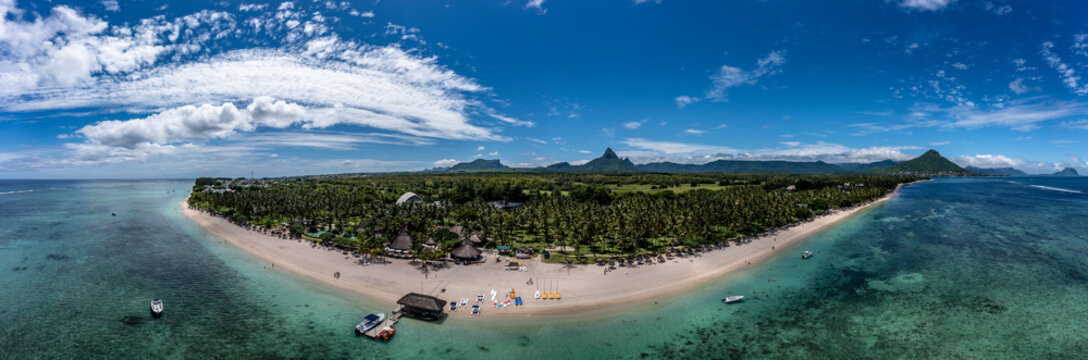 Aerial shot of Flic En Flac beach with blue sky, Mauritius, Africa