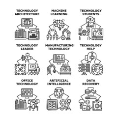 Technology Help Set Icons Vector Illustrations. Technology Help And Learning, Architecture And Manufacturing, Office Electronic Equipment And Data Recovery, Student Learn And Leader Black Illustration