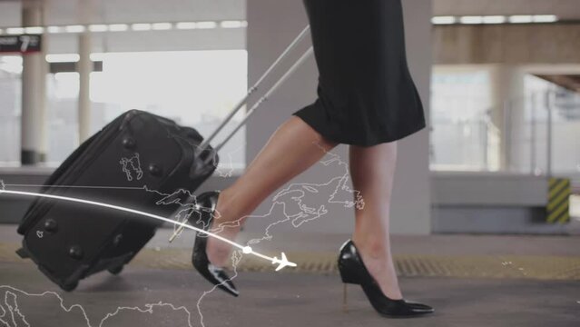 Cropped shot of female tourist with luggage walk in airport with world map and airplane animation