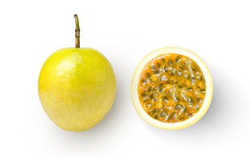 Yellow Passion fruit (Maracuya Passiflora) with cut in half sliced isolated on white background. Top view. Flat lay.
