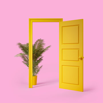 Entrance Open Yellow Door On A Pink Background With A Houseplant In A Pot. 3d Rendering